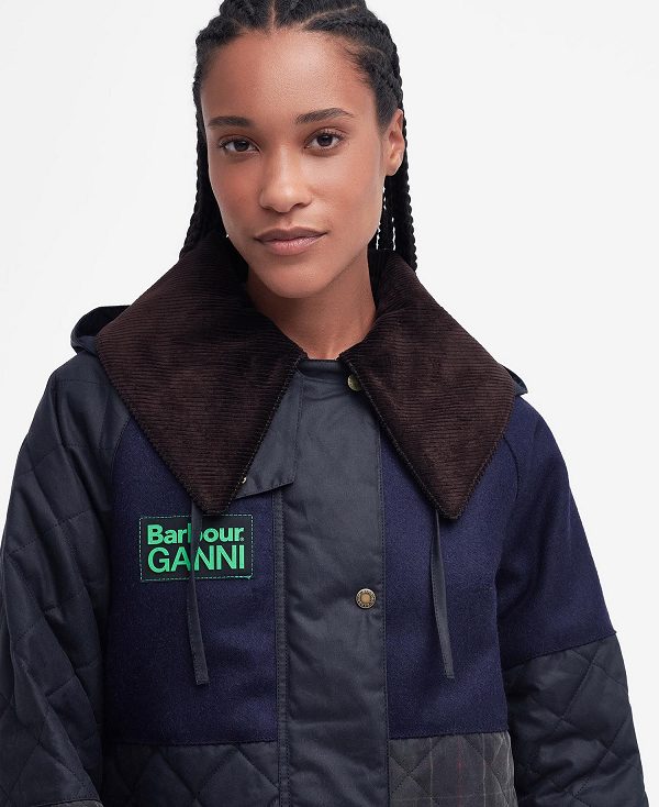 Barbour Barbour X Ganni Short Burghley Quilted Wax Jacket σκουρο μπλε | BABO89184