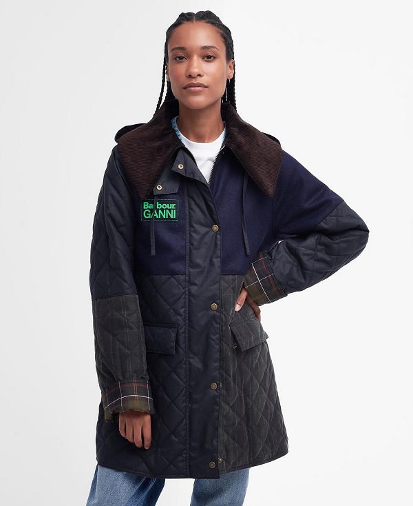 Barbour Barbour X Ganni Short Burghley Quilted Wax Jacket σκουρο μπλε | BABO89184