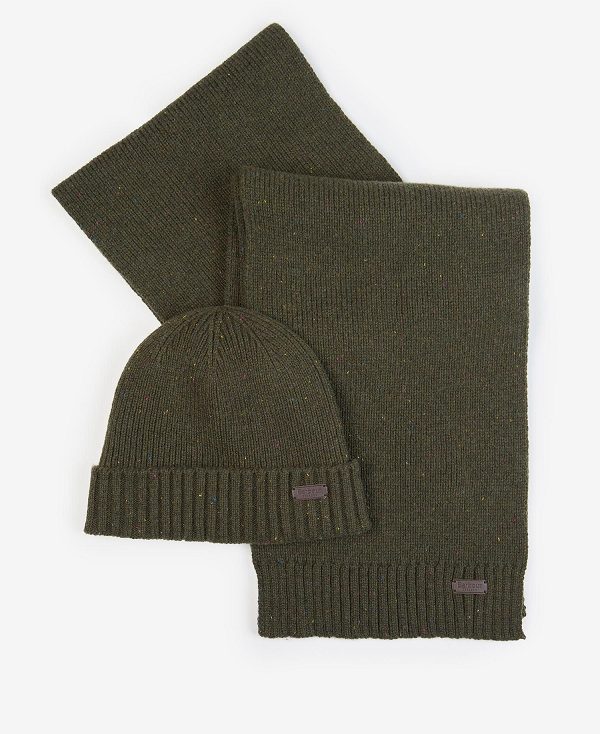 Barbour Carlton Fleck Beanie & Scarf Gift Set Ελιά | BABO89110