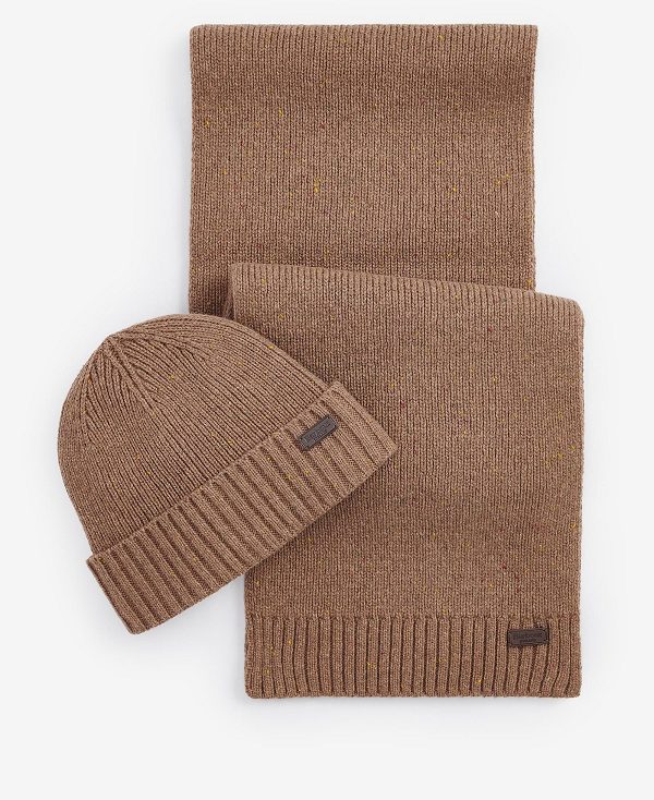 Barbour Carlton Fleck Beanie & Scarf Gift Set Μπεζ | BABO89112