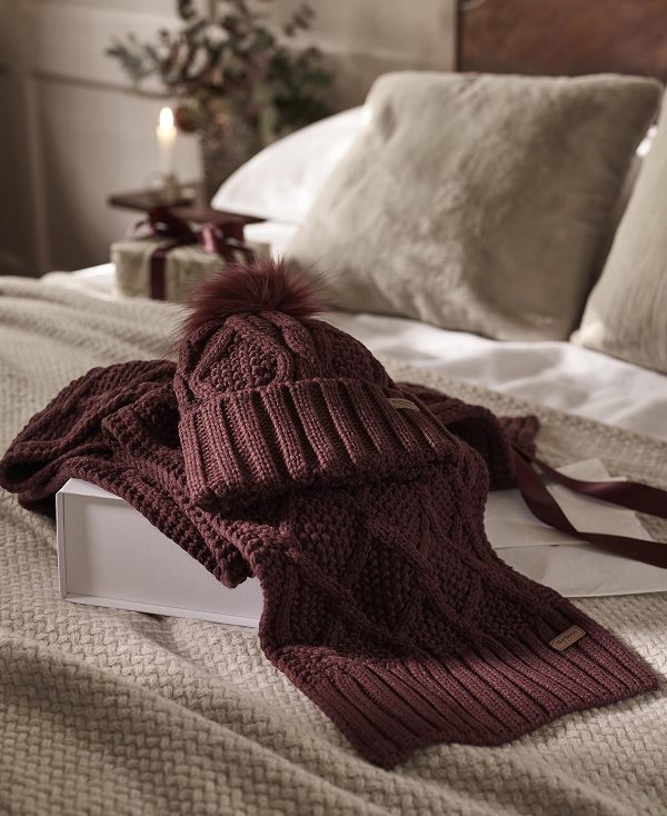 Barbour Ridley Beanie & Scarf Gift Set σκούρο κοκκινα | BABO90075